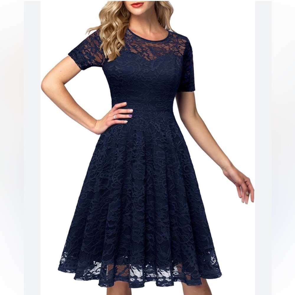 Aonour Elegant Black Lace Cocktail Swing Dress Wedding Party Event Size M